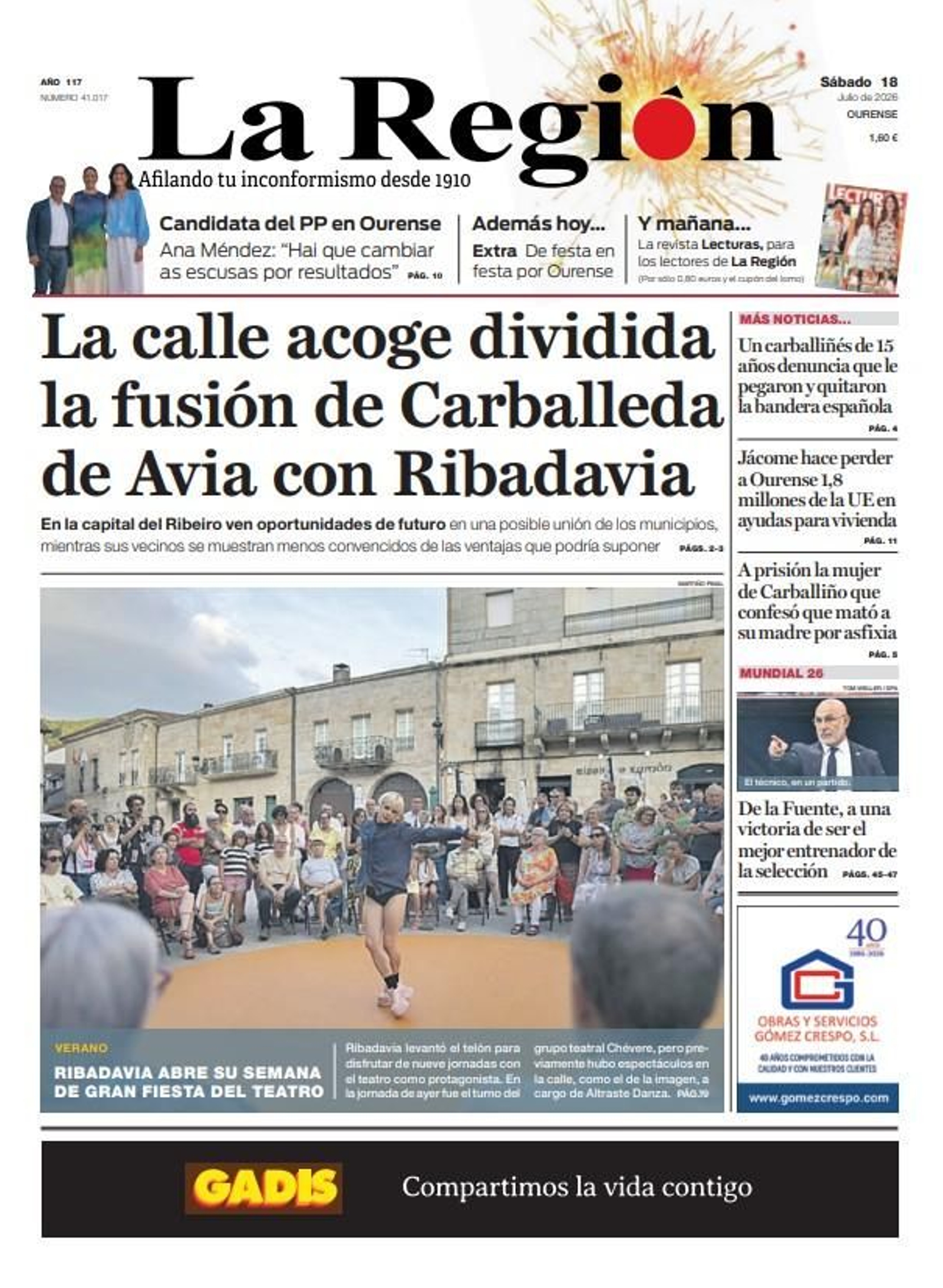 La portada de La Región de este sábado, 18 de julio.