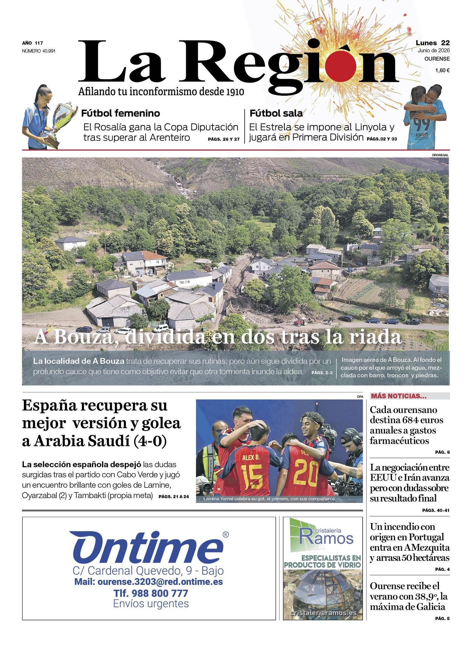 La portada de La Región de este lunes.
