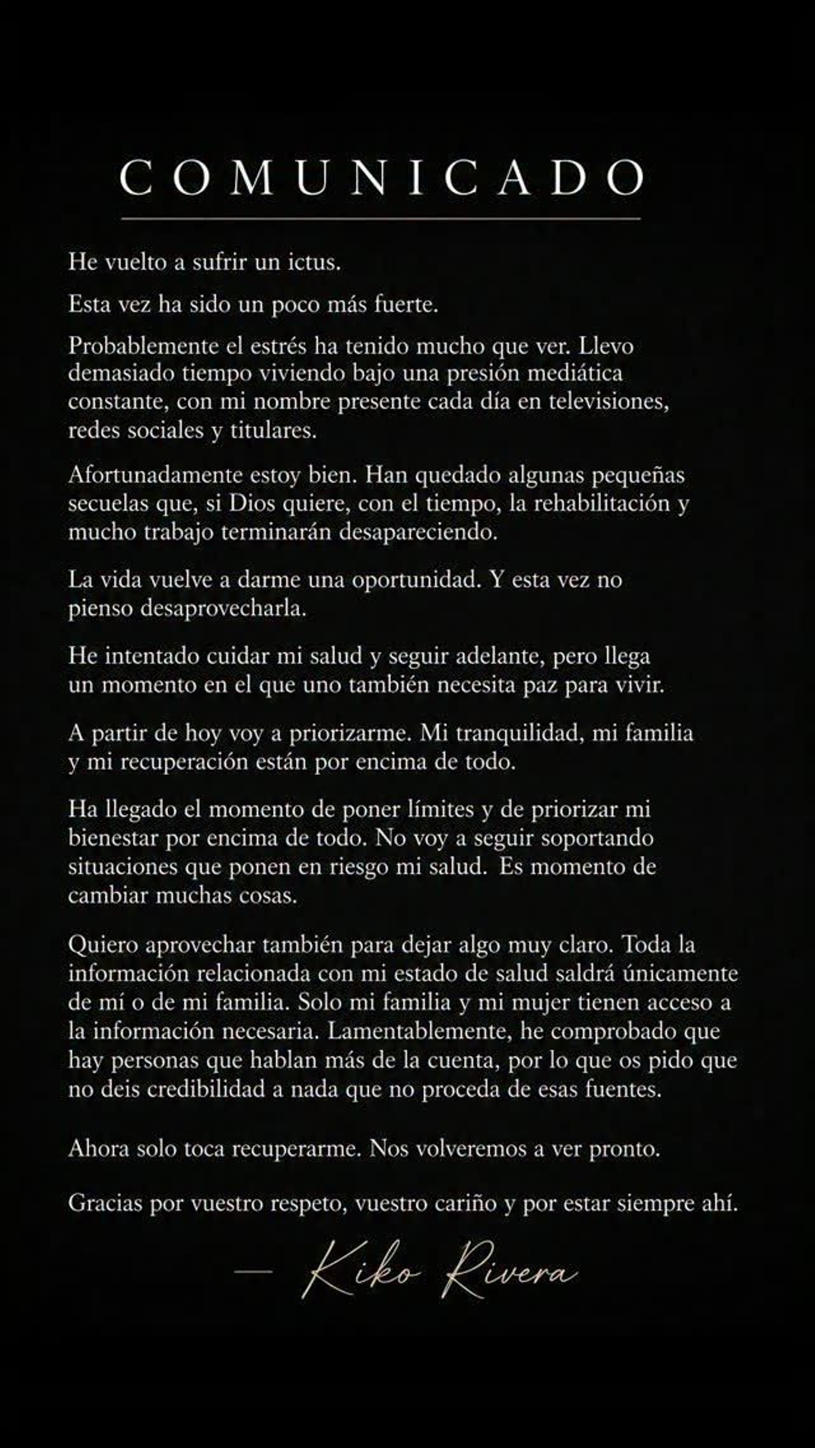 El comunicado compartido por Kiko Rivera