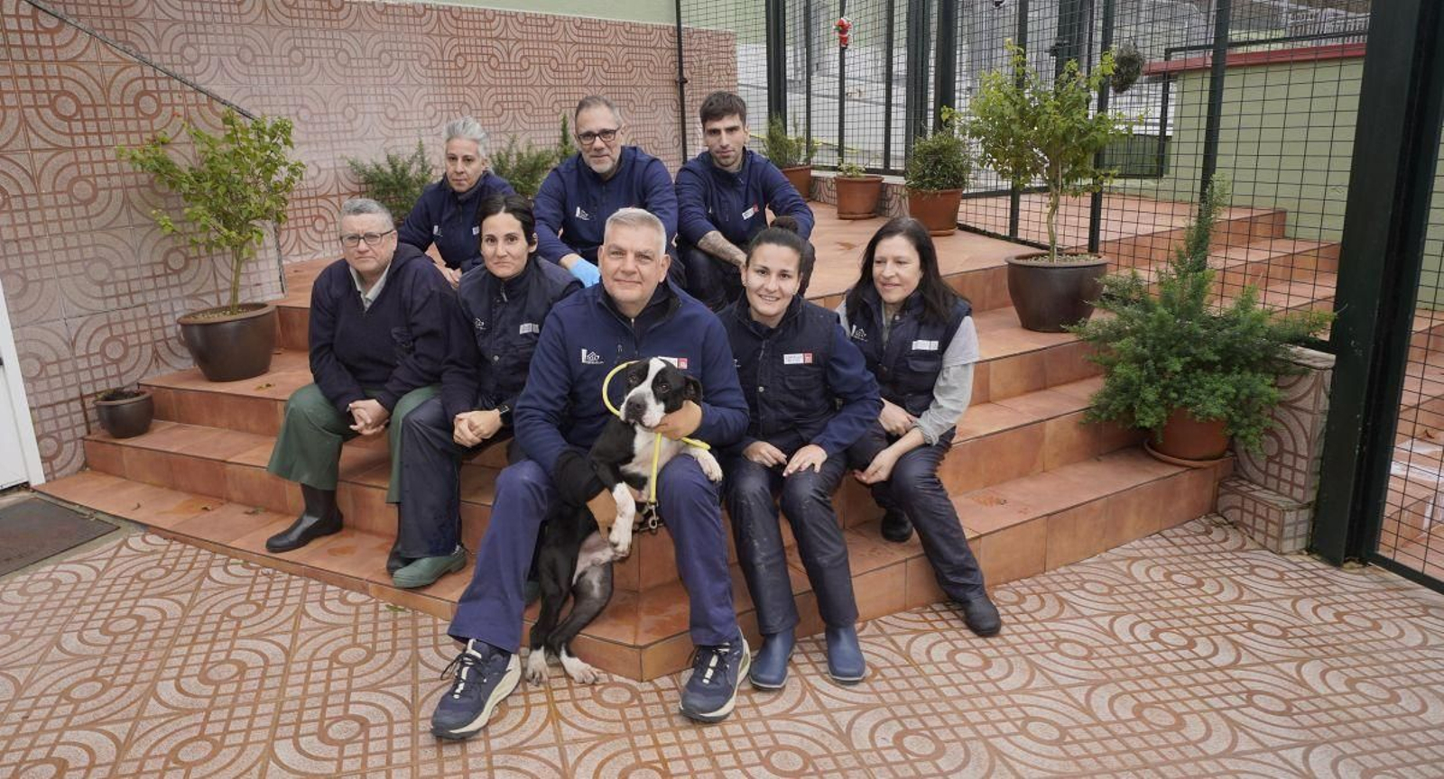 El personal del Centro de Protección Animal de A Madroa con uno de los perros que cuidan.