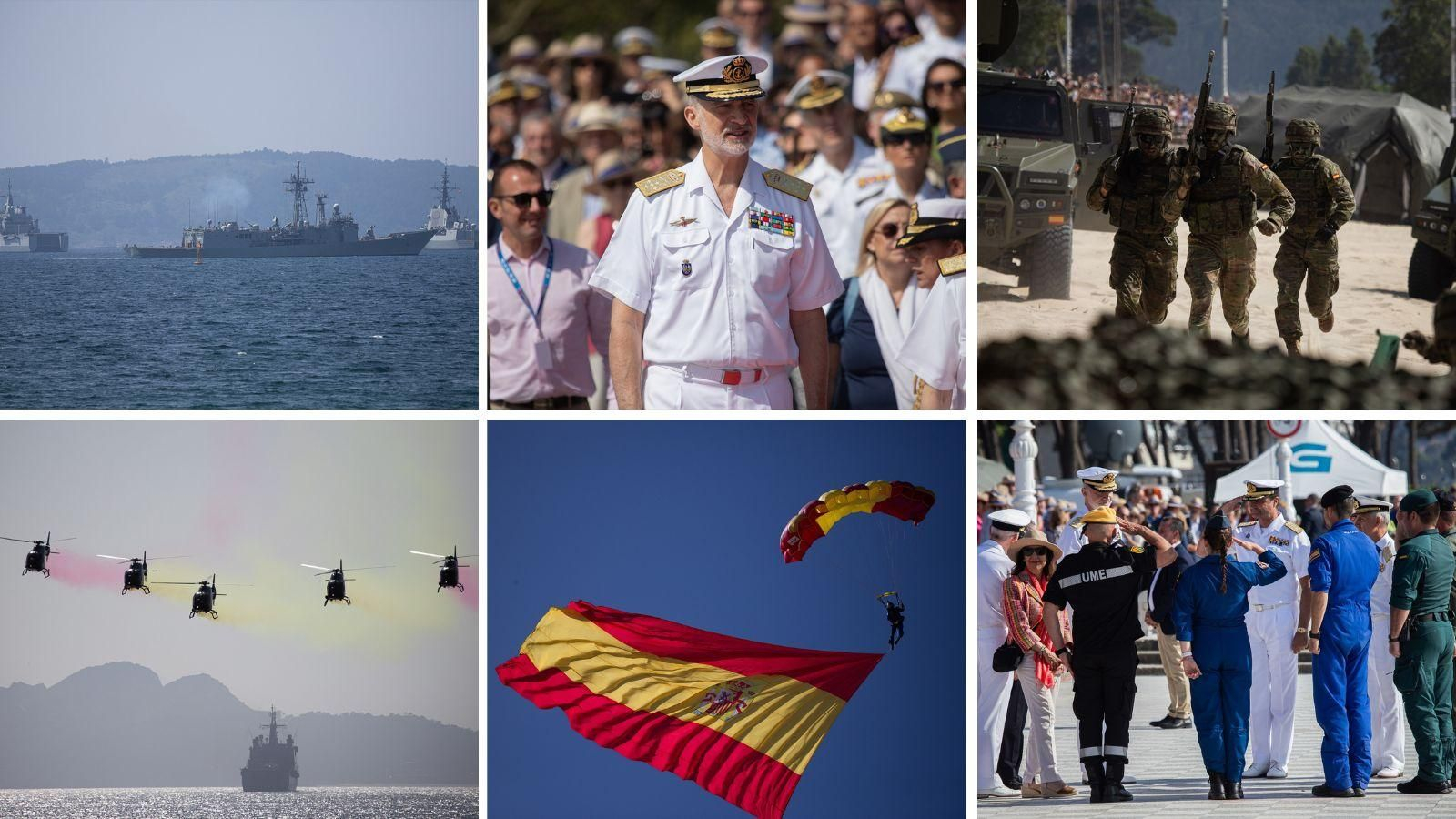 Miles de efectivos de los tres ejércitos, la Guardia Civil y la UME participan en el desfile del Día de las Fuerzas Armadas en Samil (Vigo).