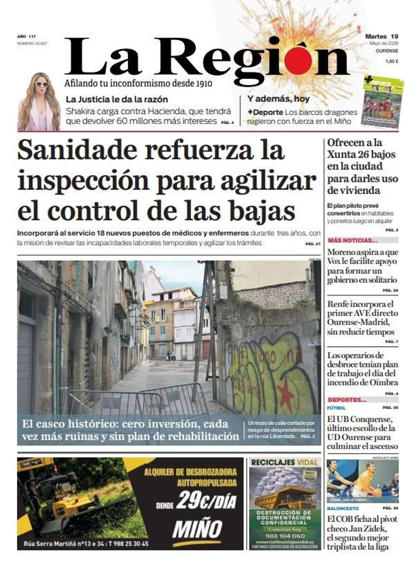La portada de La Región de este martes, 19 de mayo.