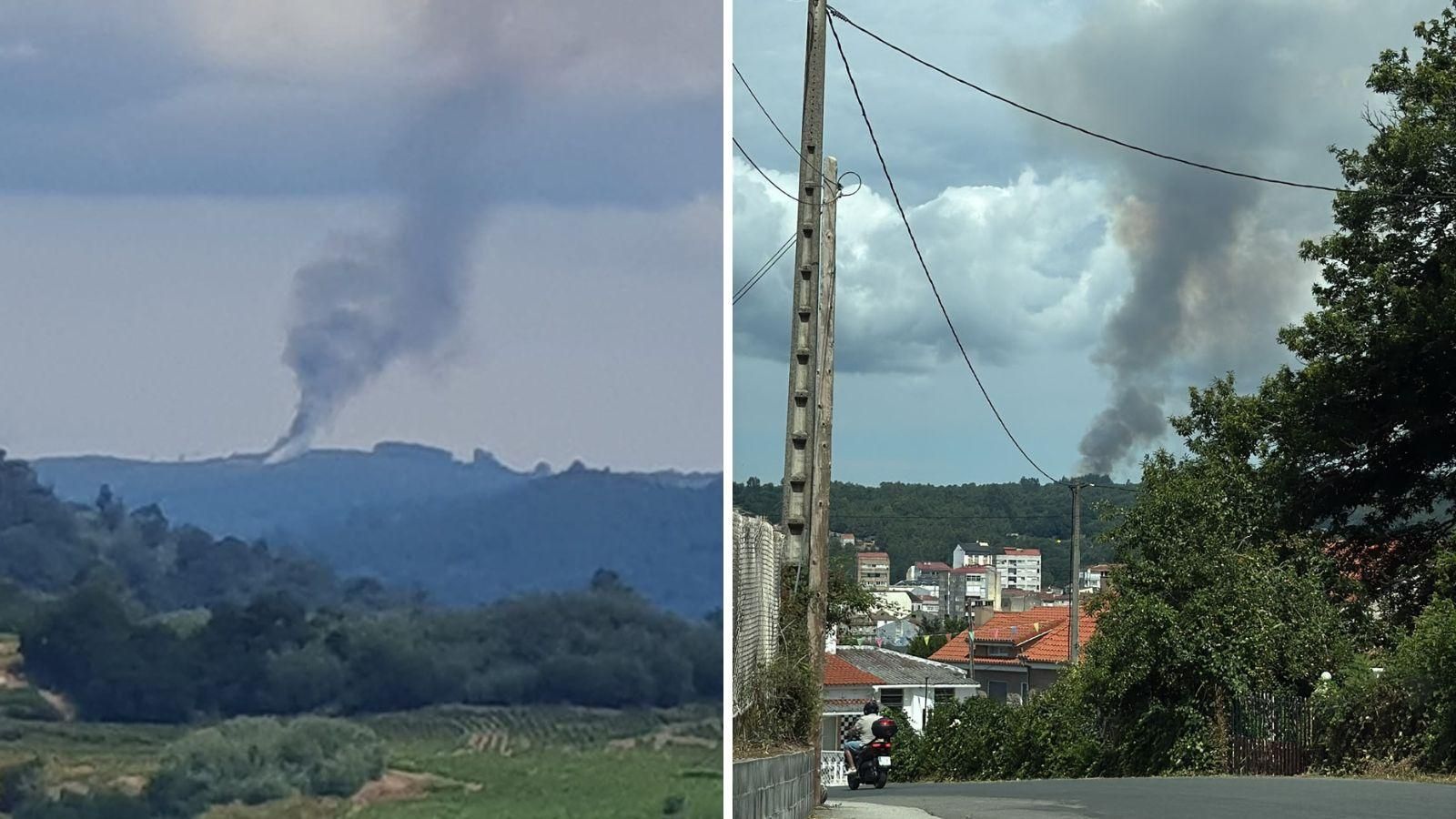El incendio forestal visible desde Ribadavia (izquierda) y O Carballiño (derecha)