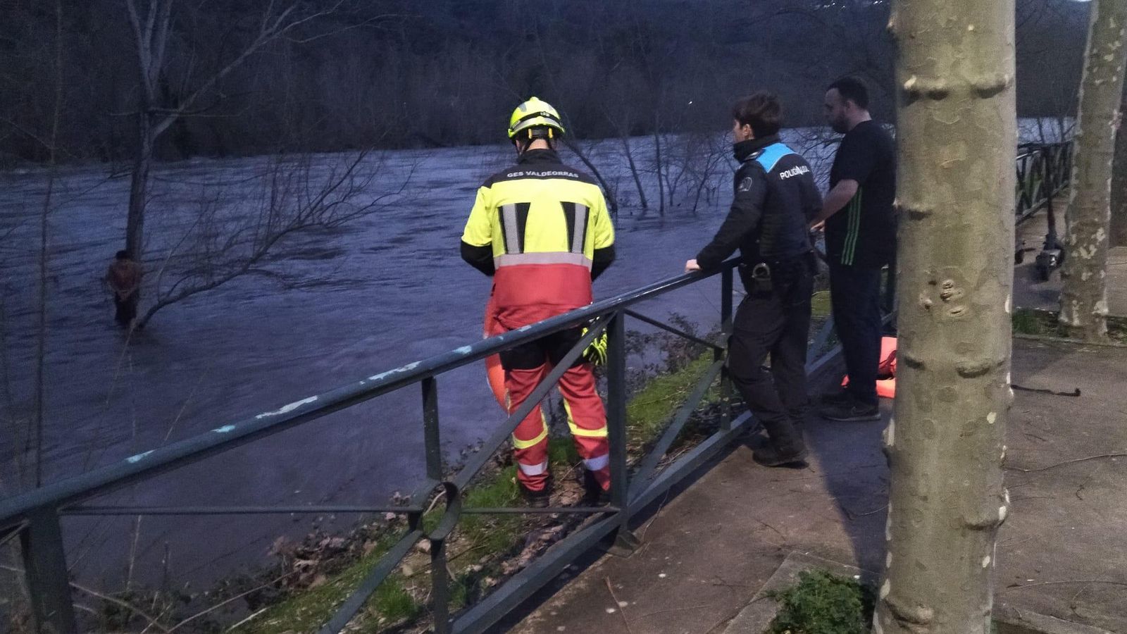 Policía Local y GES en las orillas del Sil, salvavidas en mano, organizando el rescate y el menor encaramado al árbol