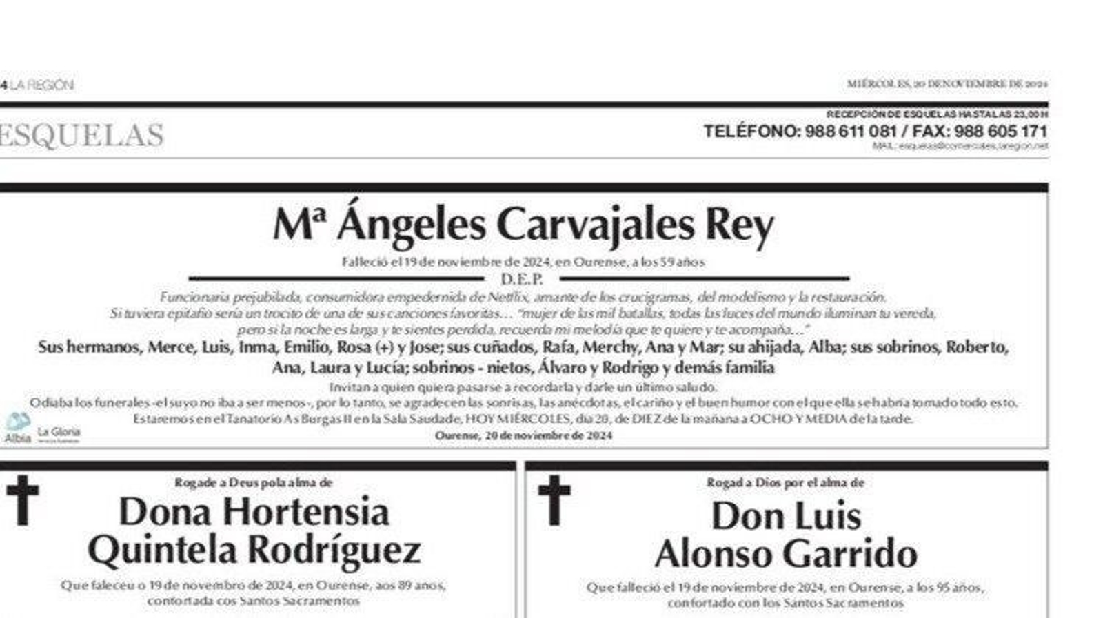 Esquela publicada ayer, 20 de noviembre, en La Región.