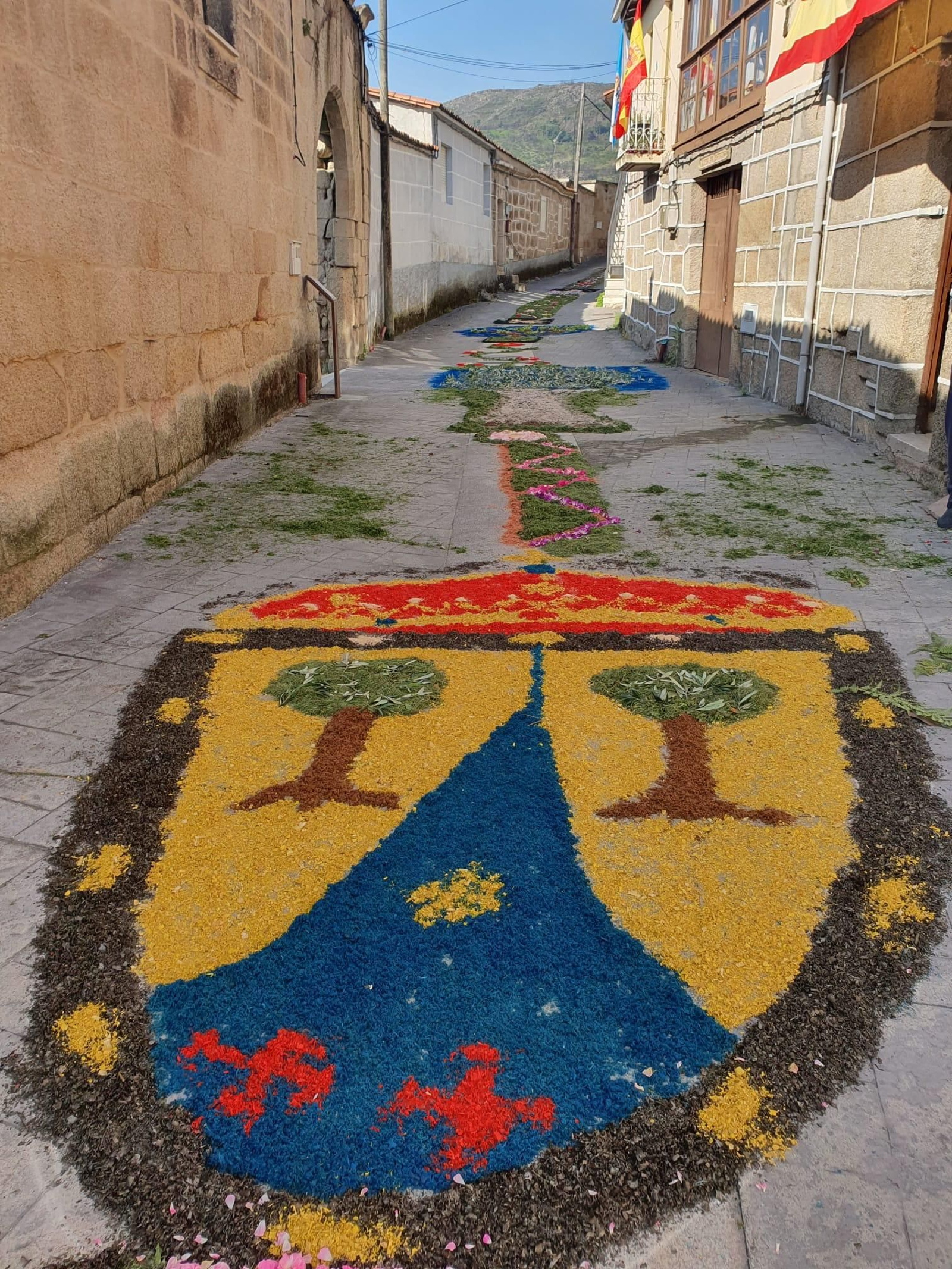 Escudo del concello de Oímbra en una alfombra del Corpus.