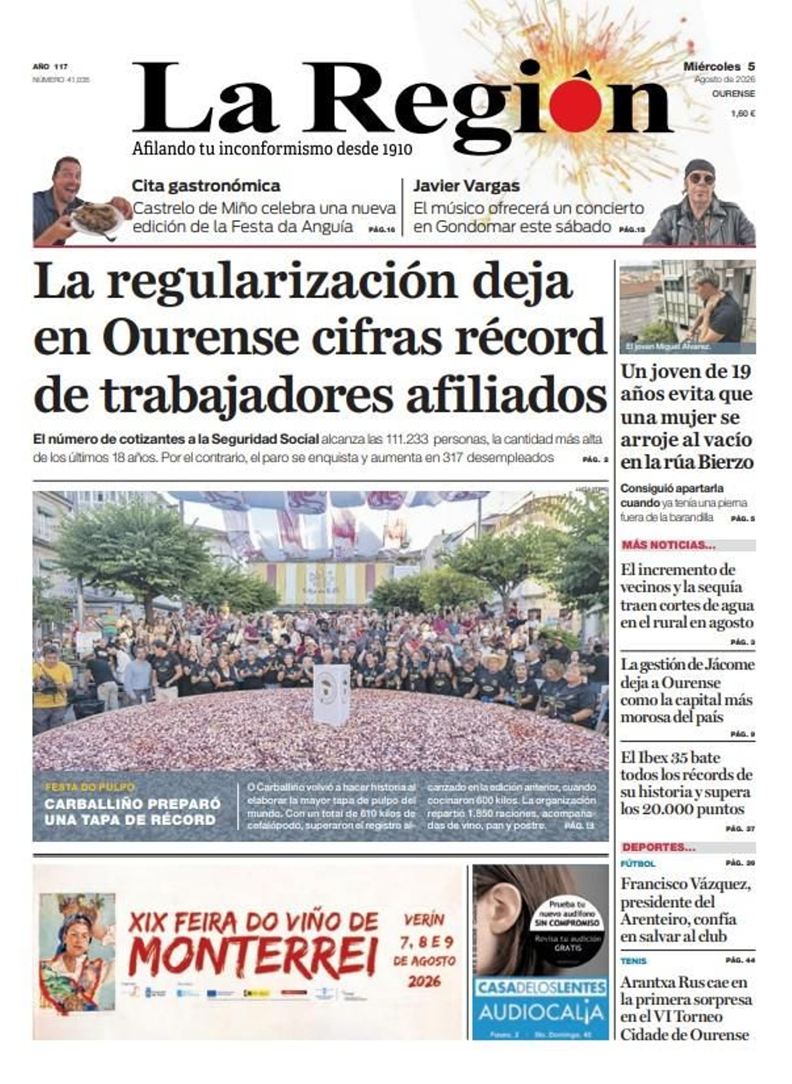 La portada de La Región de este miércoles, 5 de agosto.