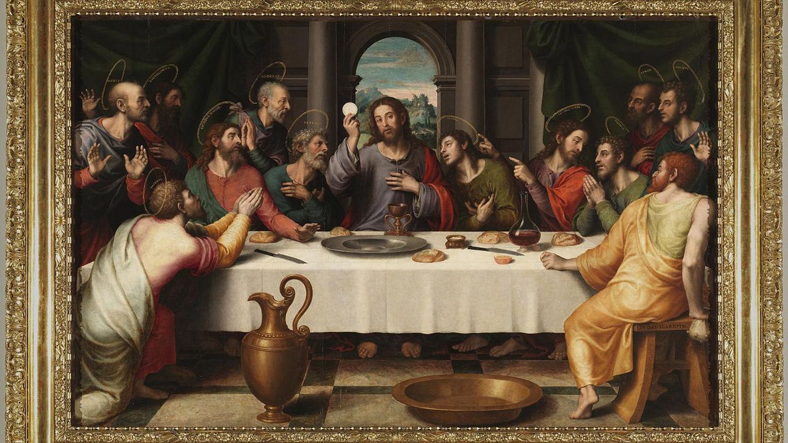 La última cena, de Juan de Juanes, c. 1562, óleo sobre tabla, 116 × 191 cm, Museo del Prado, Madrid.
