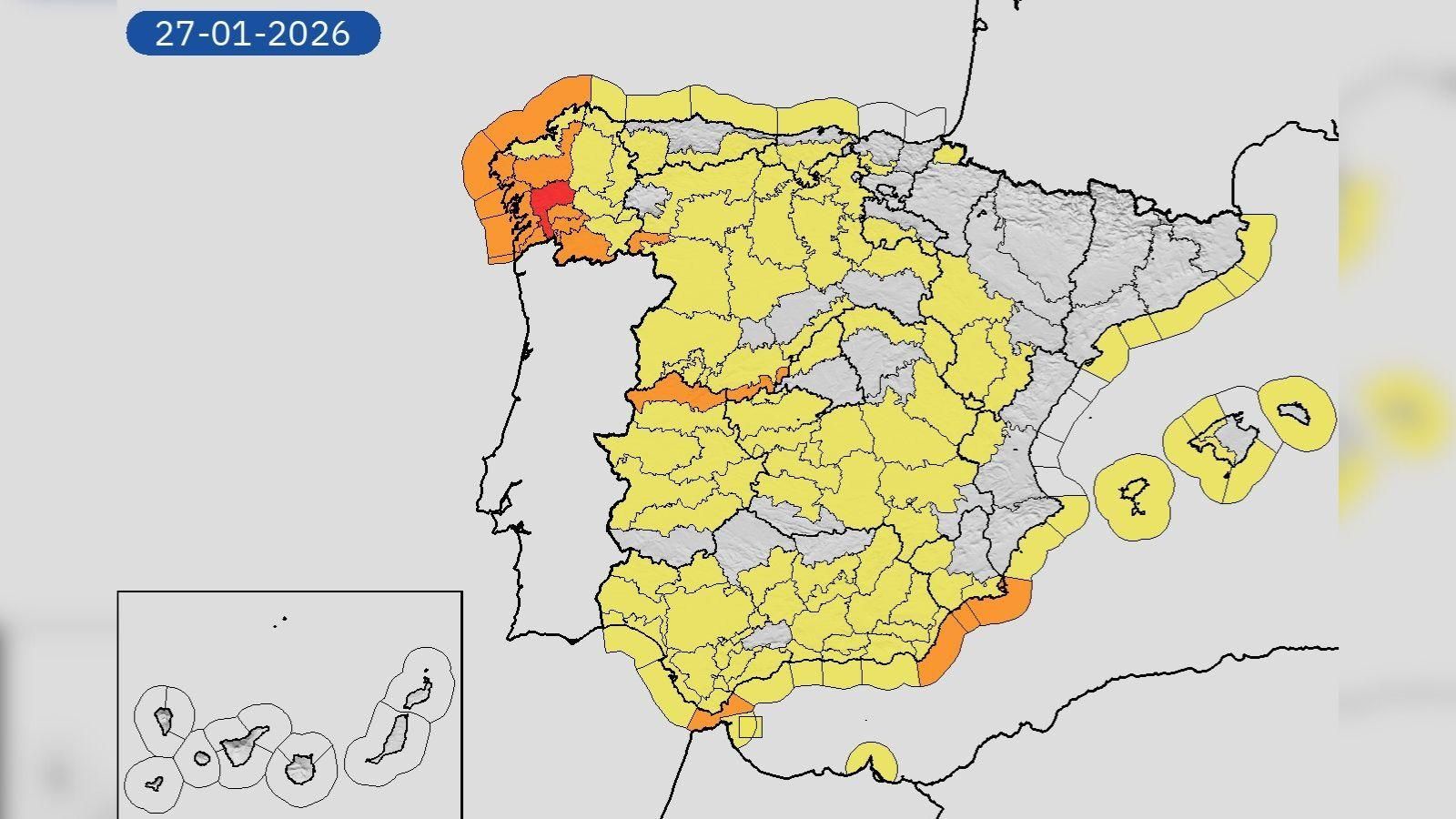 Mapa de avisos para la jornada del 27 de enero.