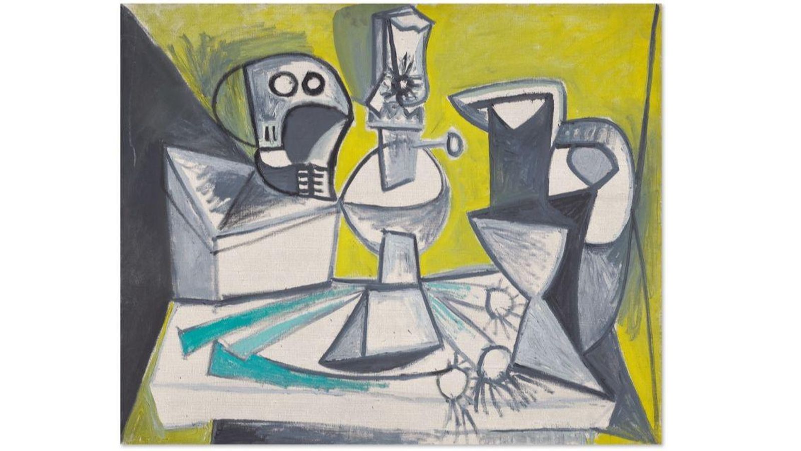Crâne, lampe, poireaux, pichet, de Pablo Picasso