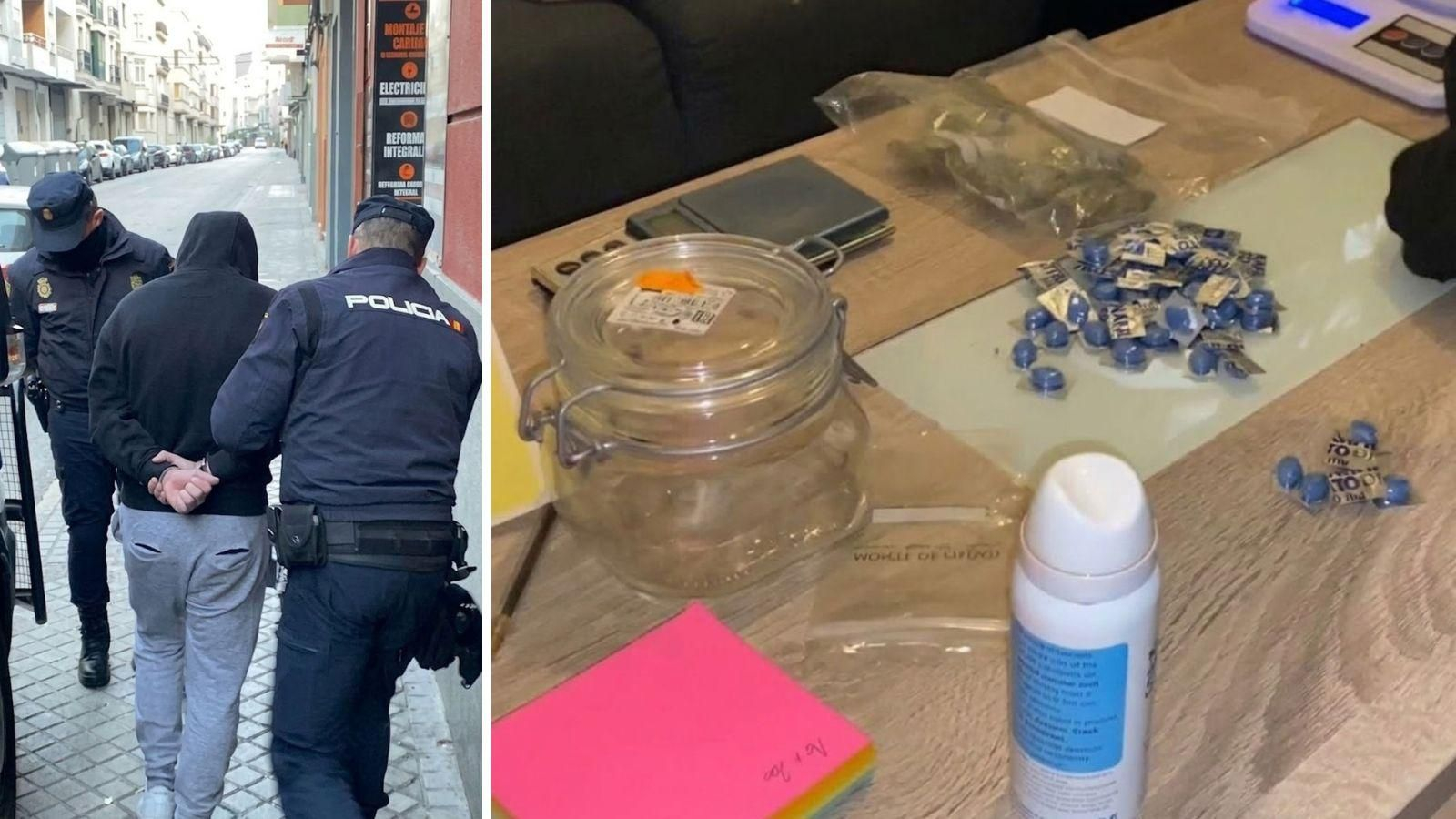 Uno de los detenidos en abril de 2023, a la izquierda, y las pastilla de Viagra intervenidas, a la derecha.