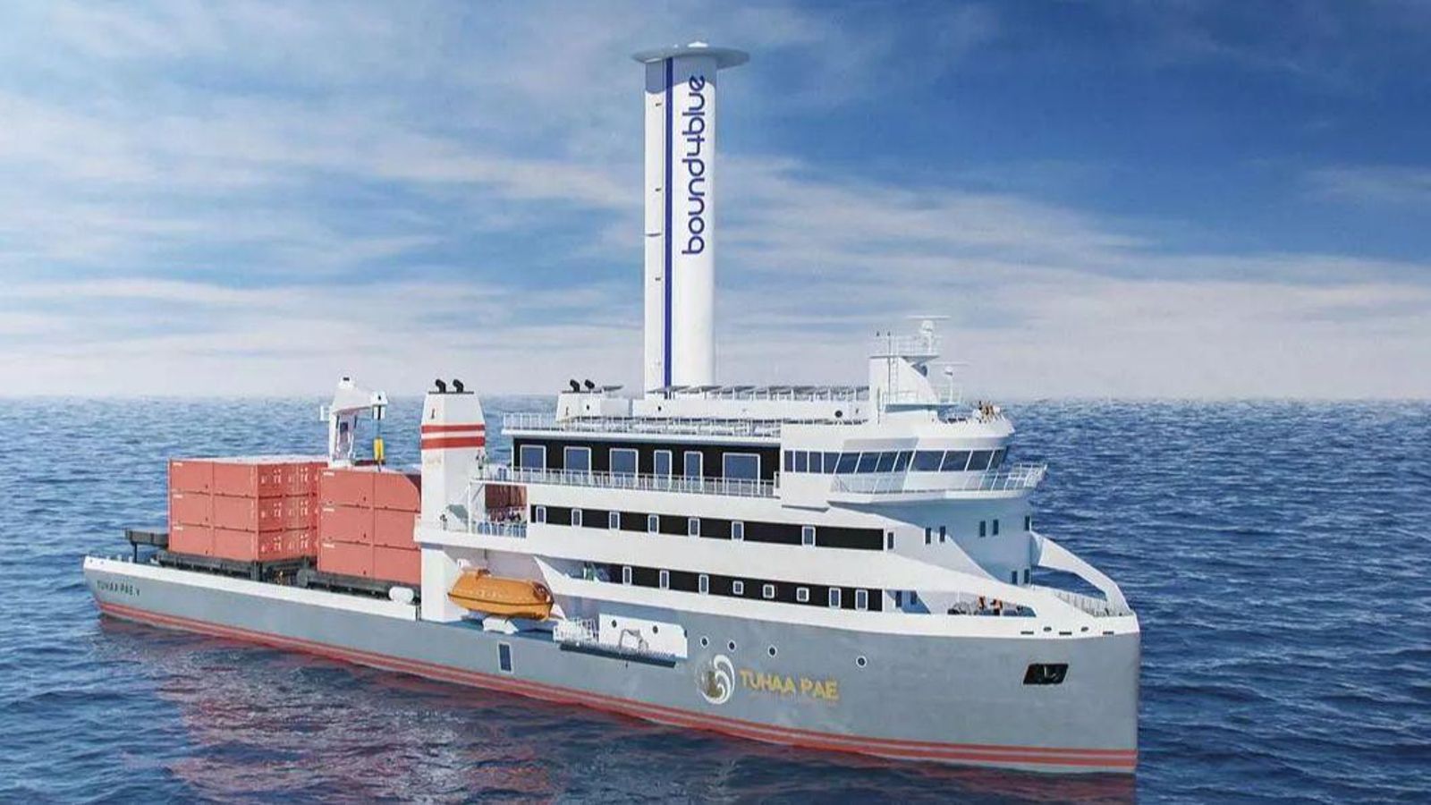 Infografía del barco con la vela rígidade 22 metros de altura que llevará incorporada.