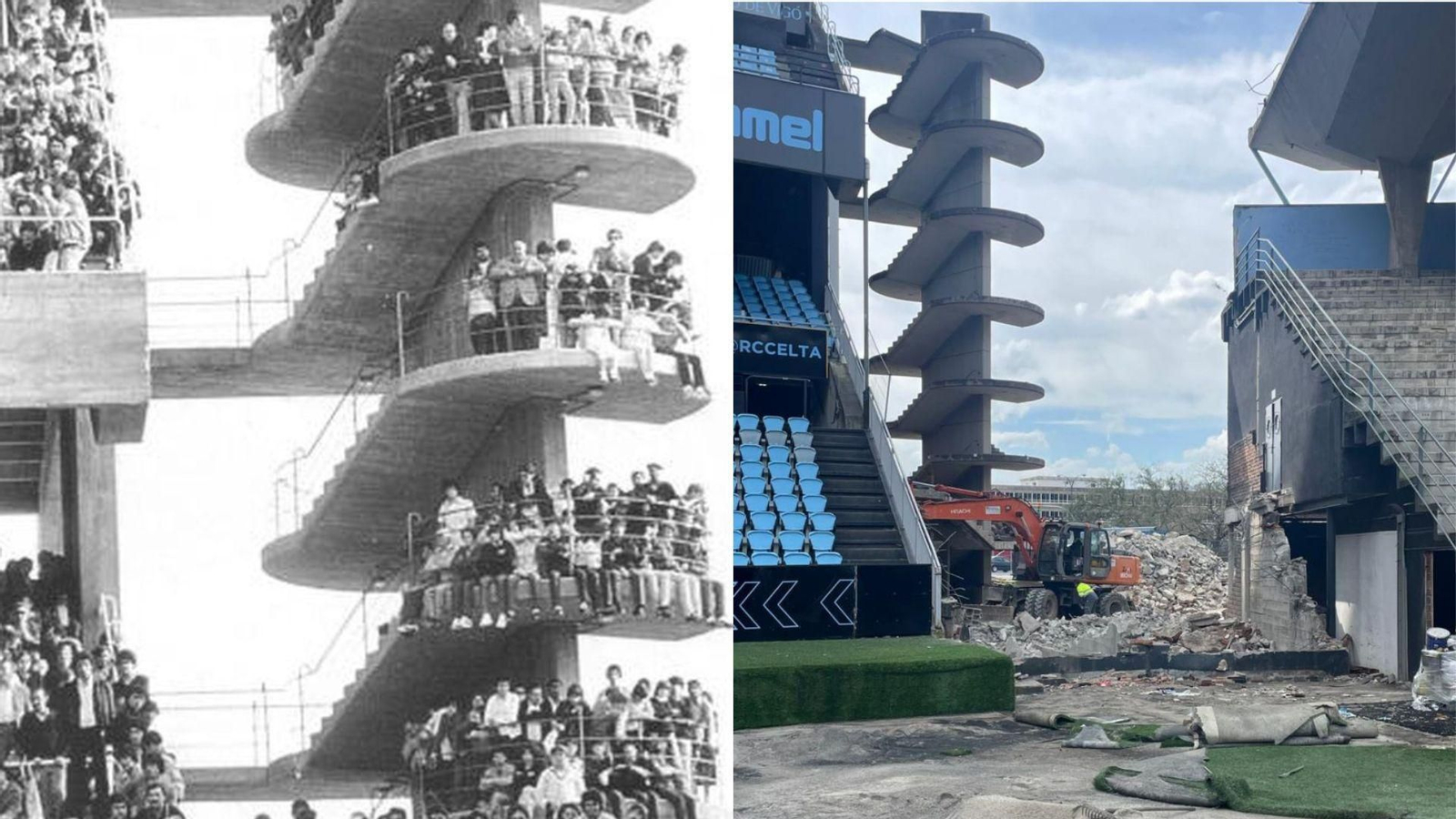 Ya se ha iniciado con el derribo de la zona entre las gradas de Gol y Río, con la escalera al fondo.