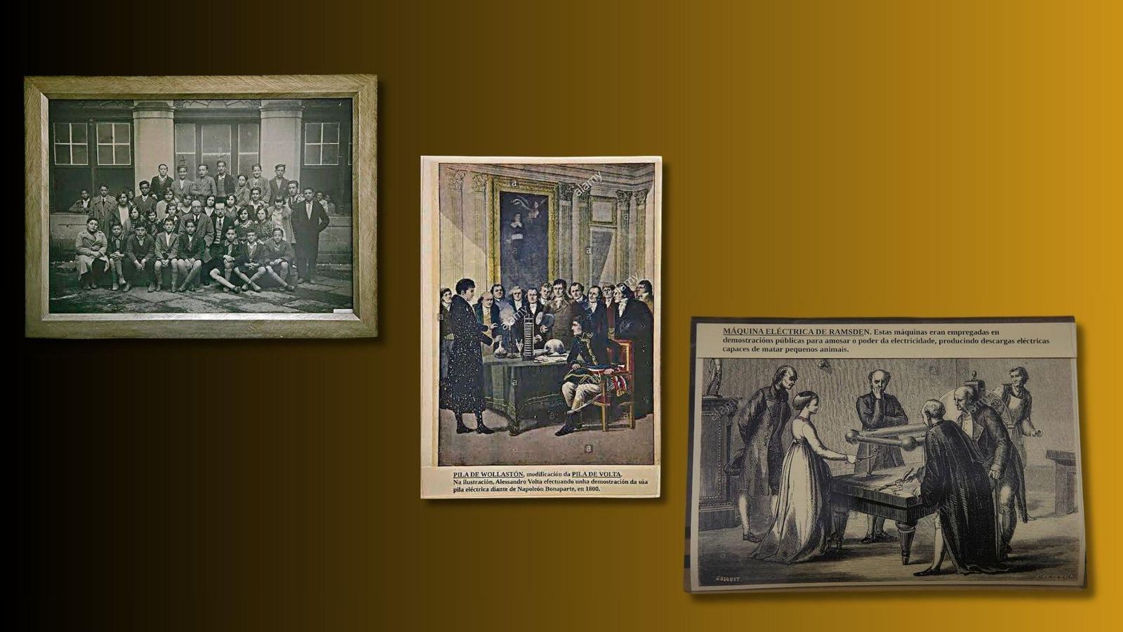 Don Ramón Otero Pedrayo con un grupo de alumnos en los años treinta. Forma parte de la colección de fotos antiguas situadas en el pasillo del edificio. | Grabado en el que Volta, el inventor de la pila que lleva su nombre, muestra a Napoleón su funcionamiento en 1800.  | Grabado en el que Volta, el inventor de la pila que lleva su nombre, muestra a Napoleón su funcionamiento en 1800.