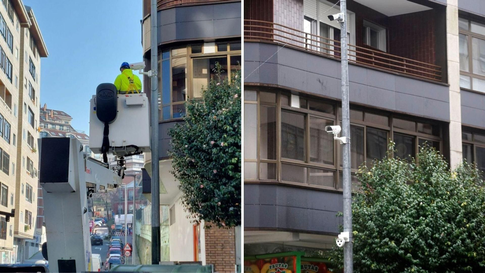 La instalación de las cámaras (izquierda) en un poste en Camelias (derecha).