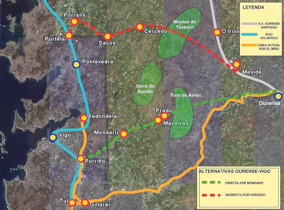 Los trazados existentes y posibles. Además, existiría el rodeo por Santiago, rechazado en Vigo.