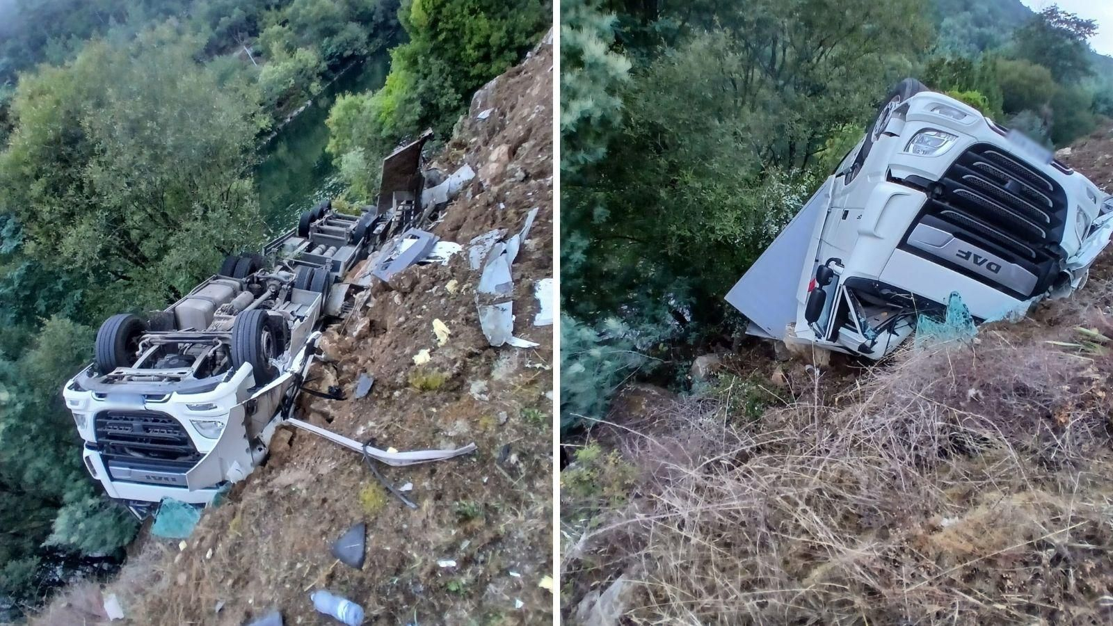 Así quedó el camión tras salirse de la N-120 en dirección a Ourense