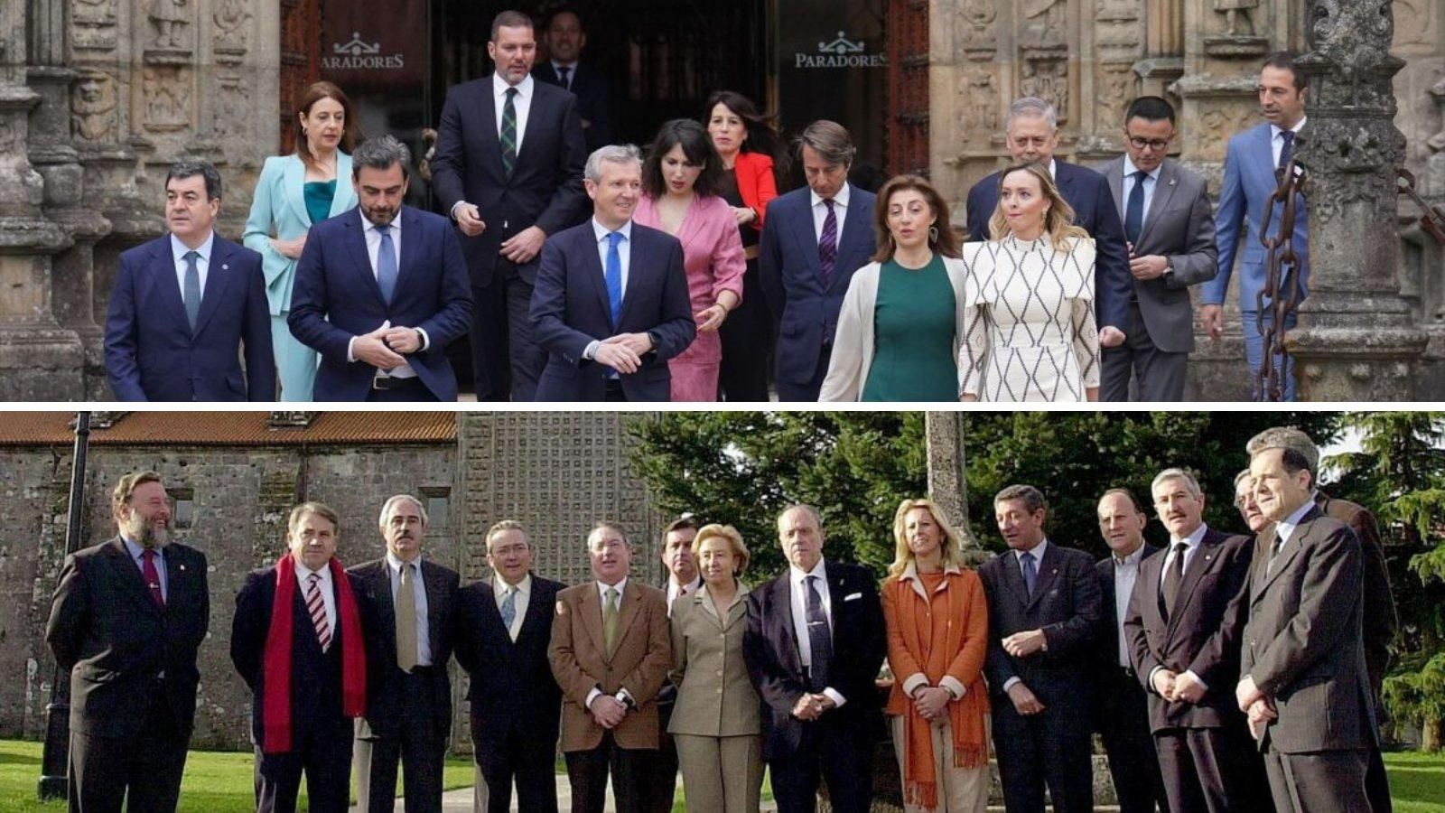 El presidente de la Xunta, Alfonso Rueda, y sus conselleiros, en la Praza do Obradoiro, y El expresidente de la Xunta, Manuel Fraga, y sus conselleiros en Sobrado de os Monxes en 2002.