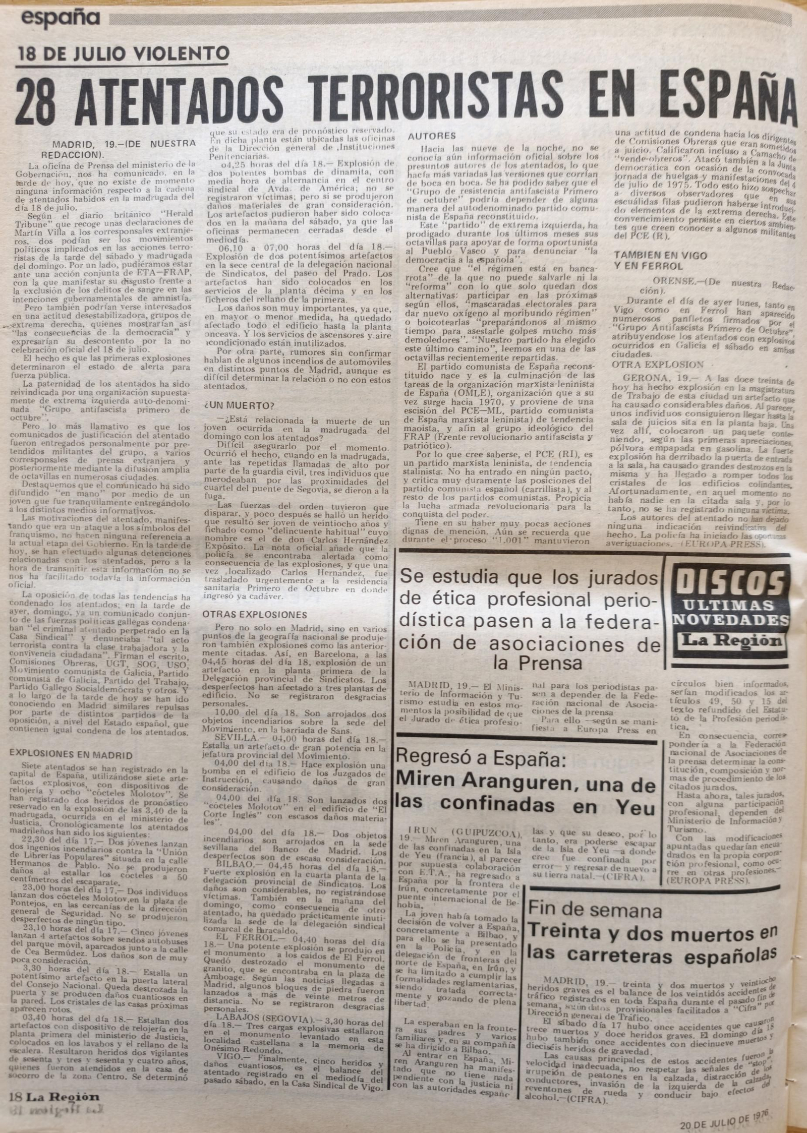 Noticias escaneadas del periódico La Región del 20 de julio de 1976.