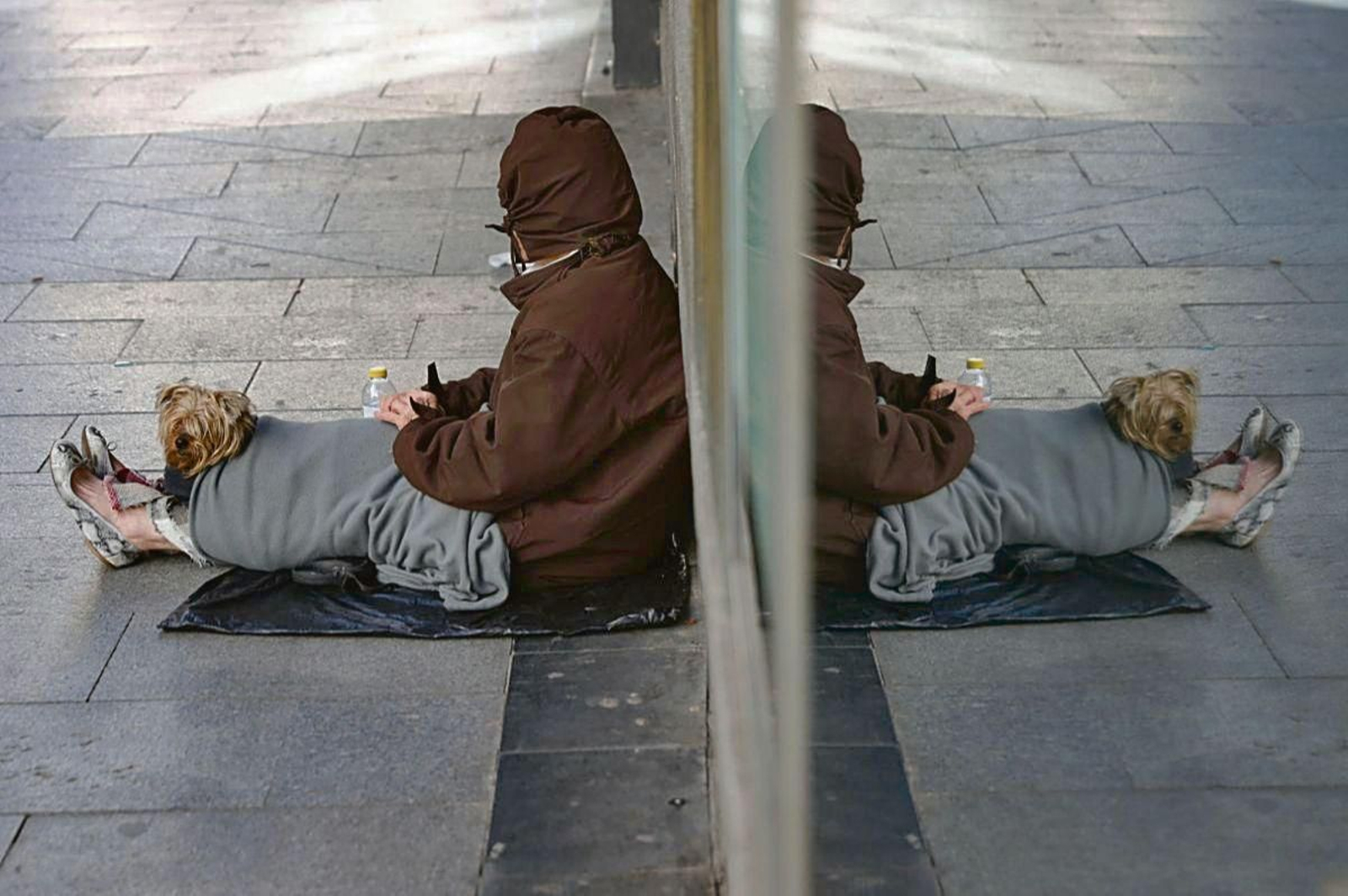 Unha persoa en risco de pobreza na rúa, na compañía do seu can.