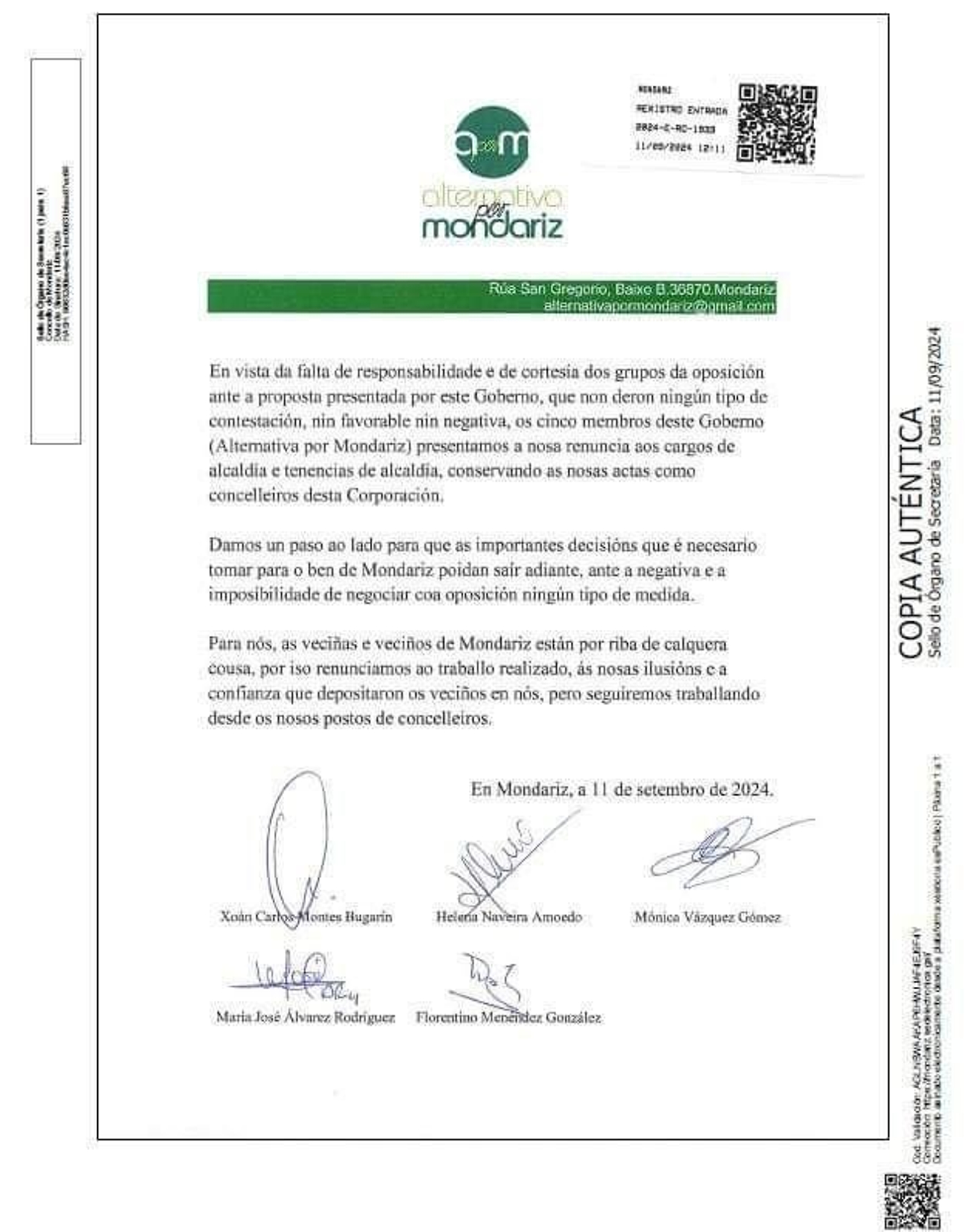 La renuncia del gobierno de Mondariz.