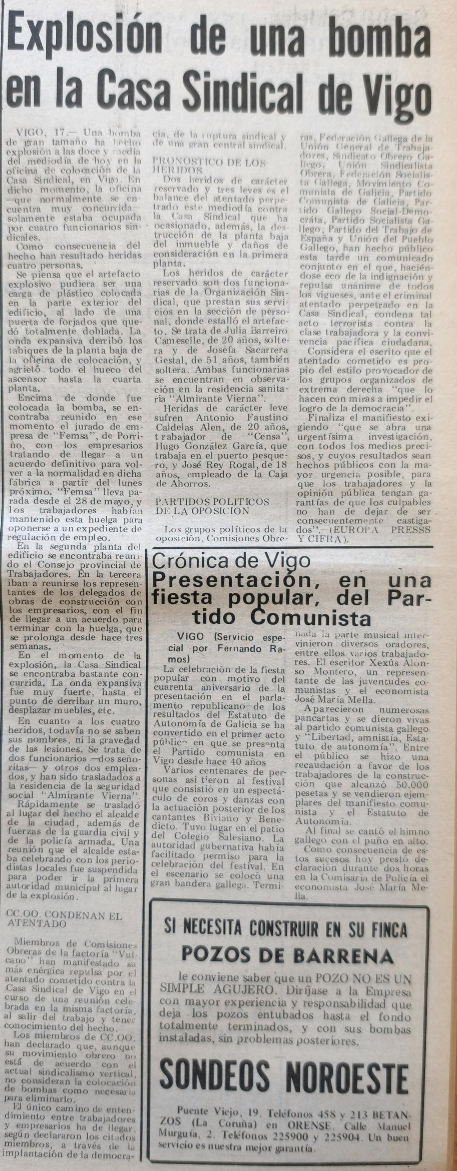 Noticias escaneadas del periódico La Región del 18 de julio de 1976.