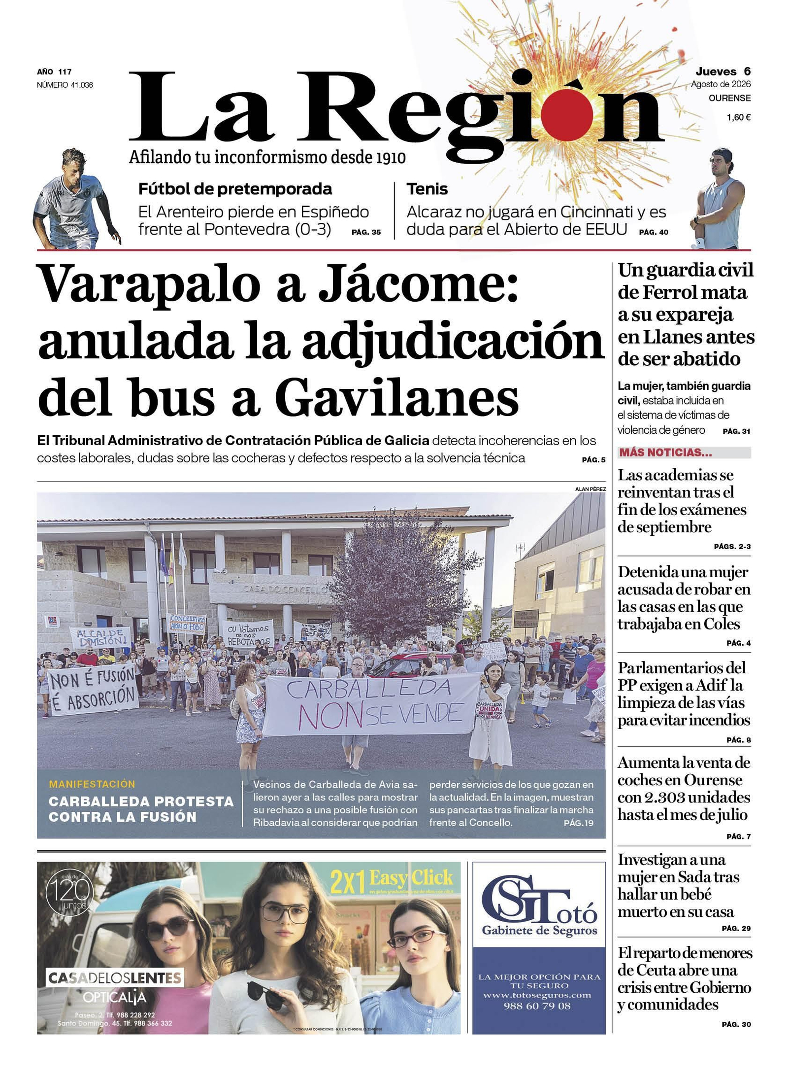La portada de La Región de este jueves, 6 de agosto.