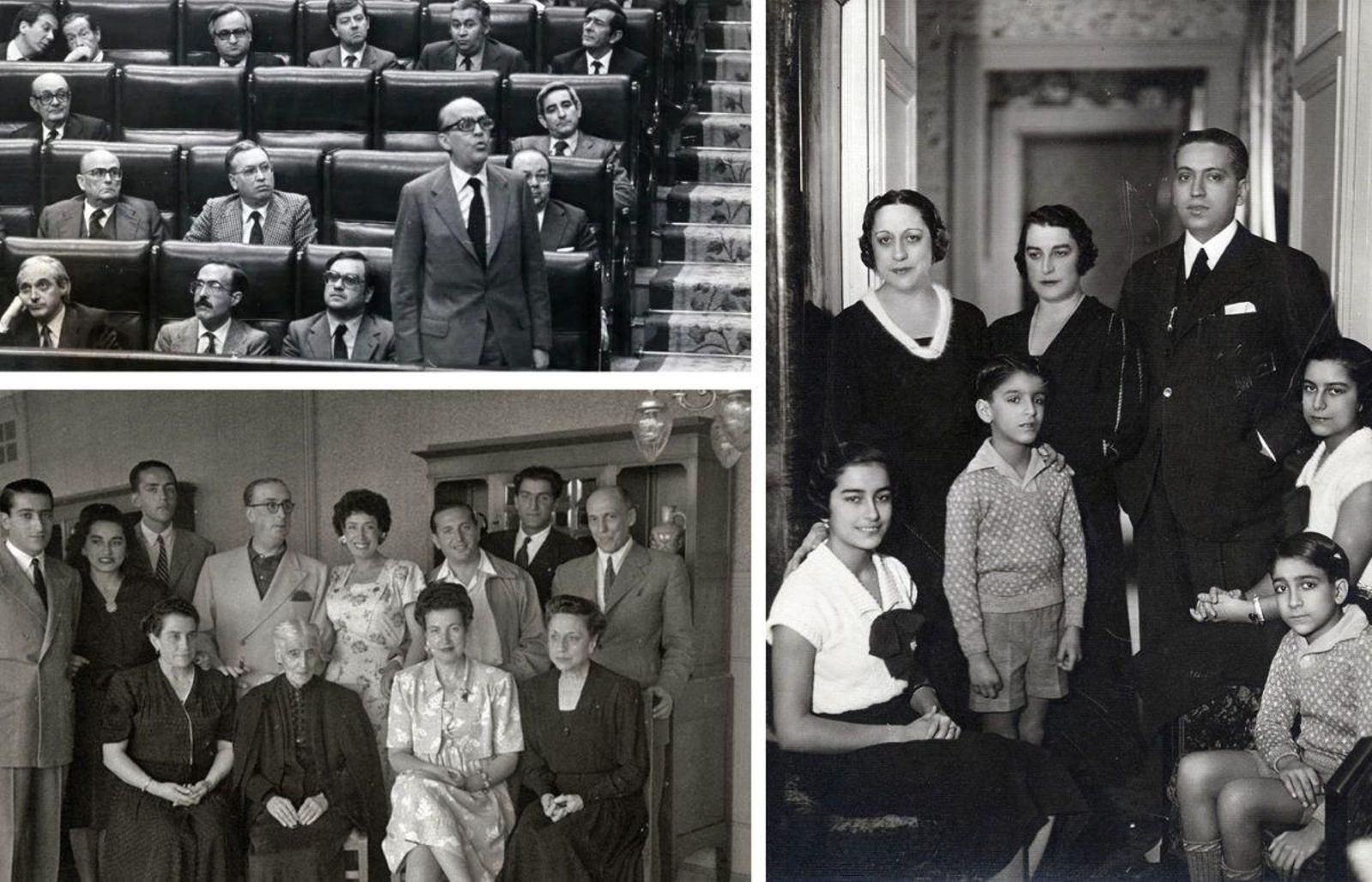 Fotografías familiares dos dous Calvo Sotelo e imaxe do centenario expresidente intervindo no Congreso dos Deputados.