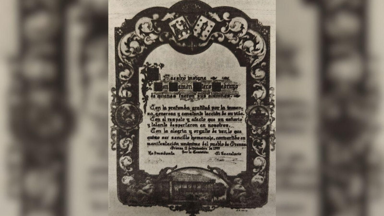 Pergamino del homenaje a don Ramón Otero Pedrayo.