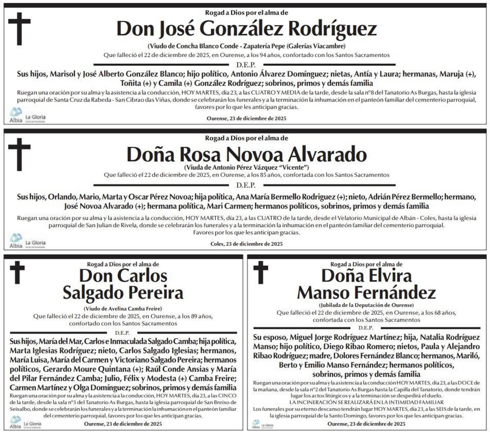 Las esquelas del día de hoy, martes 23 de diciembre