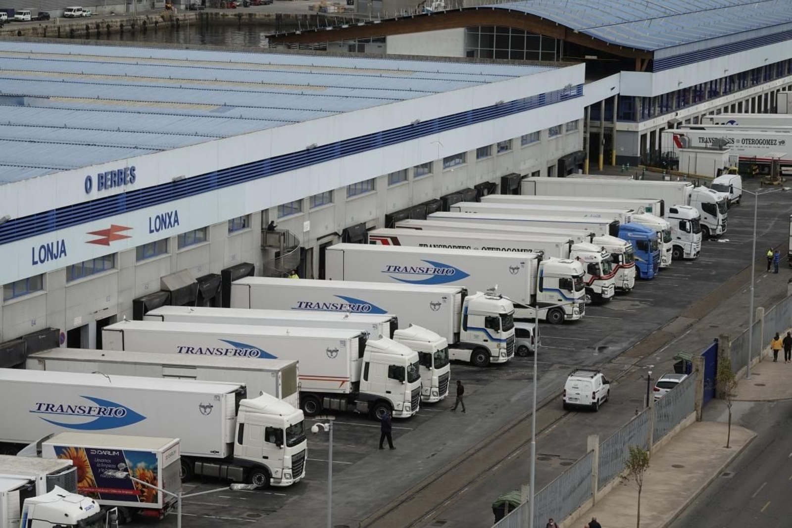 Los muelles de la lonja de O Berbés, ayer repletos de trailers cargando pescado para transportar a mercados de toda España.