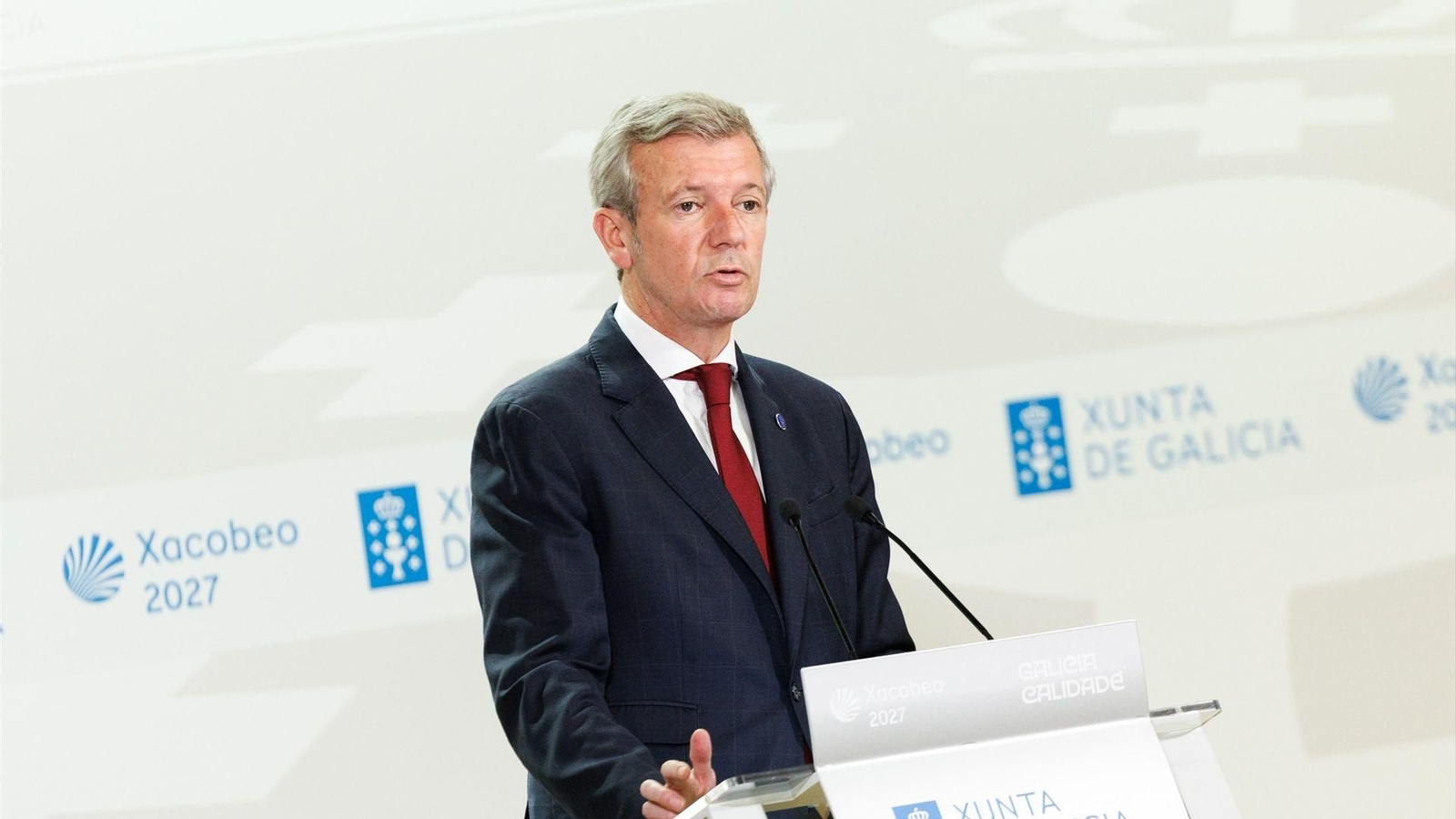 Alfonso Rueda, presidente de la Xunta de Galicia, durante una rueda de prensa.