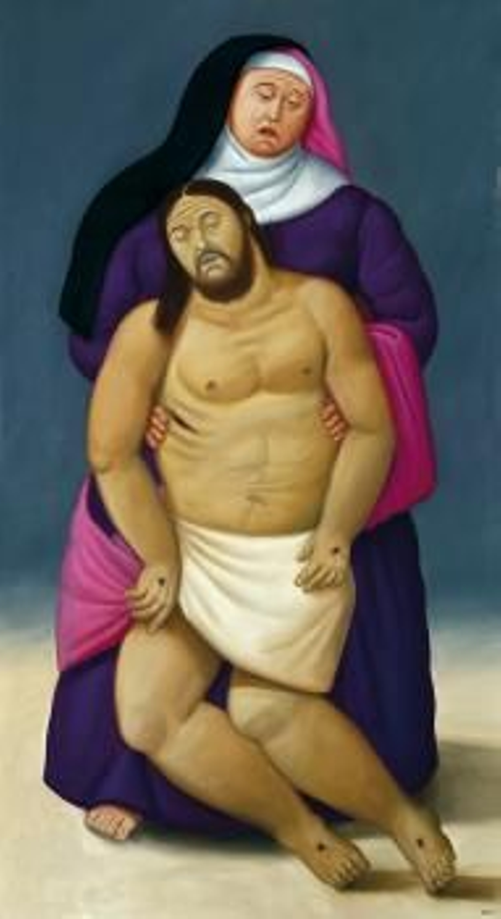 obra del artista colombiano Fernando Botero 'María y Jesús muerto', que forma parte de la exposición inaugurada en el Palacio de Ajuda de Lisboa, y que estará abierta hasta el próximo 27 de enero.