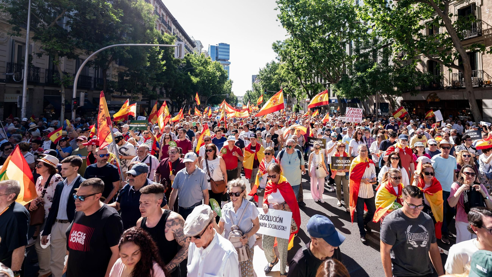Numerosas personas marchan durante una manifestación para exigir la dimisión del presidente del Gobierno, Pedro Sánchez.