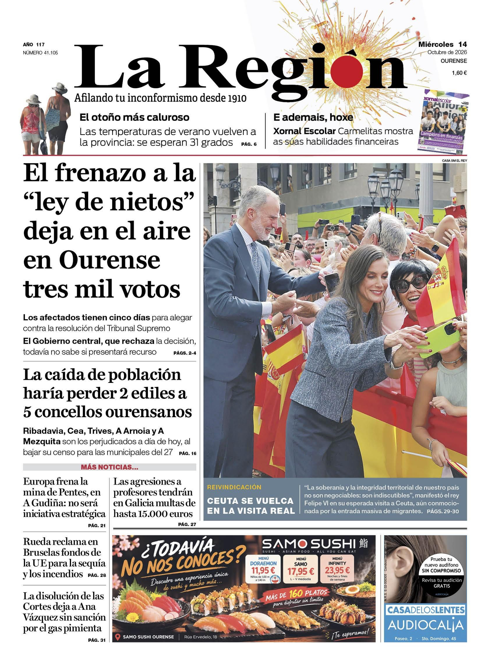 La portada de La Región de este miércoles.