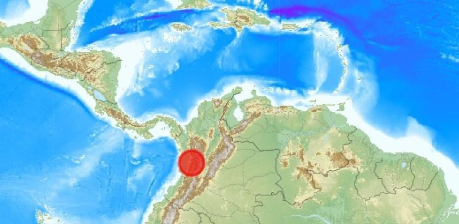 Epicentro del terremoto registrado en Colombia.