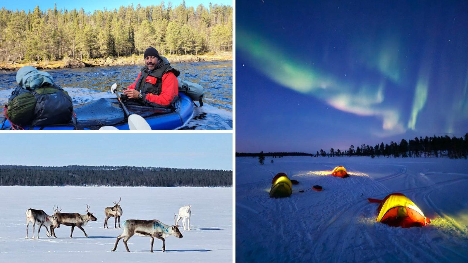 Antón Gómez-Reino, practicando packcraft. Abaixo, un grupo de renos na Laponia. Á dereita, acampando baixo as auroras boreais.