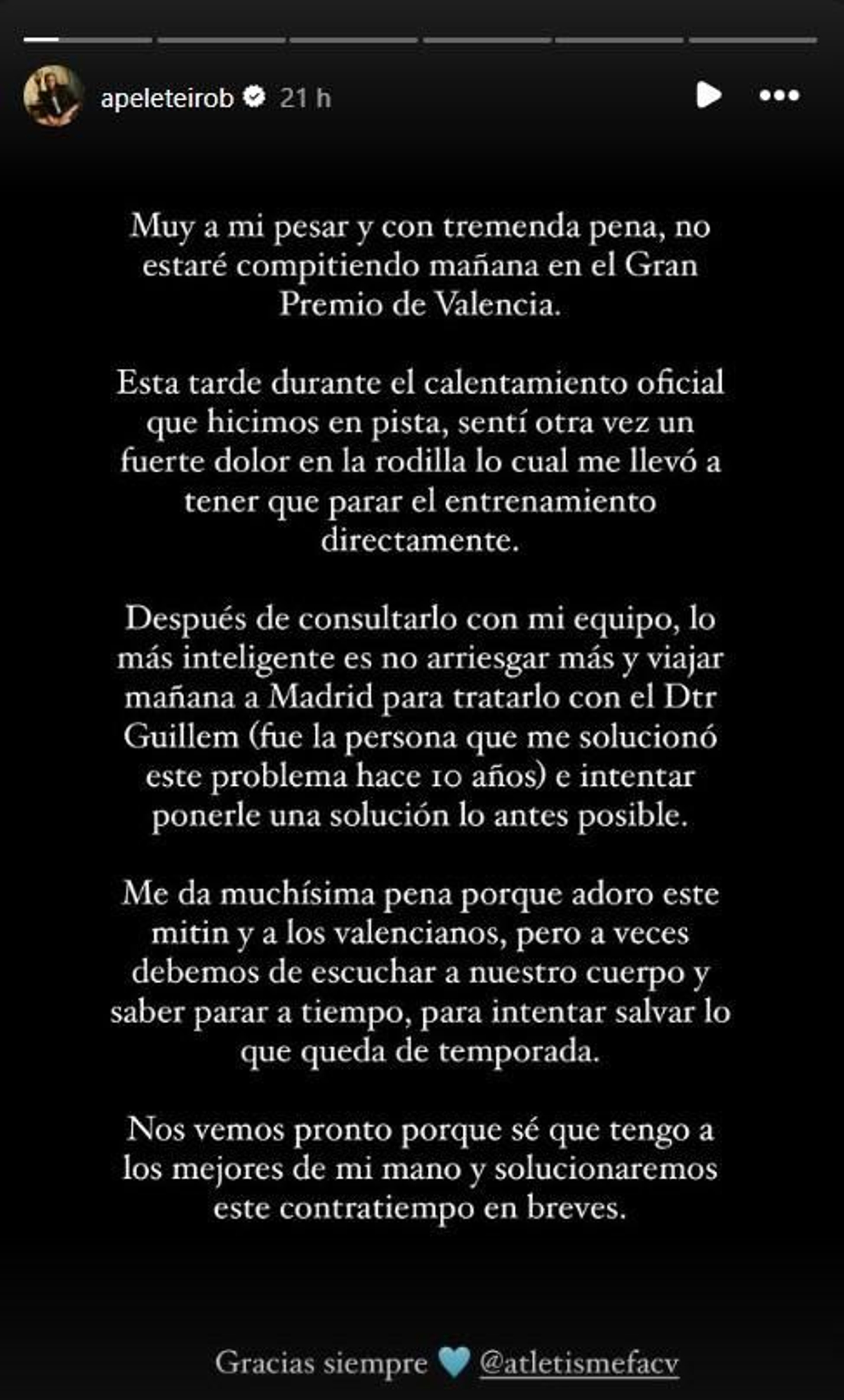 Mensaje de Ana Peleteiro en sus redes sociales