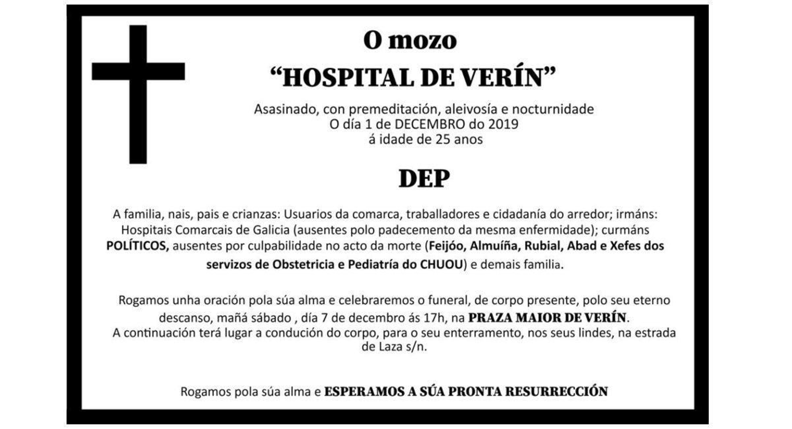 Esquela protesta de vecinos de Verín