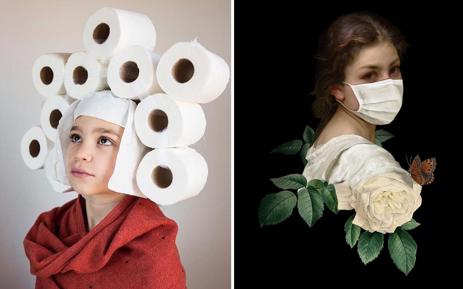 Dos piezas expuestas en el COVID Art Museum: una fotografía de Paola de Grenet y un collage de Teresa Cucala.