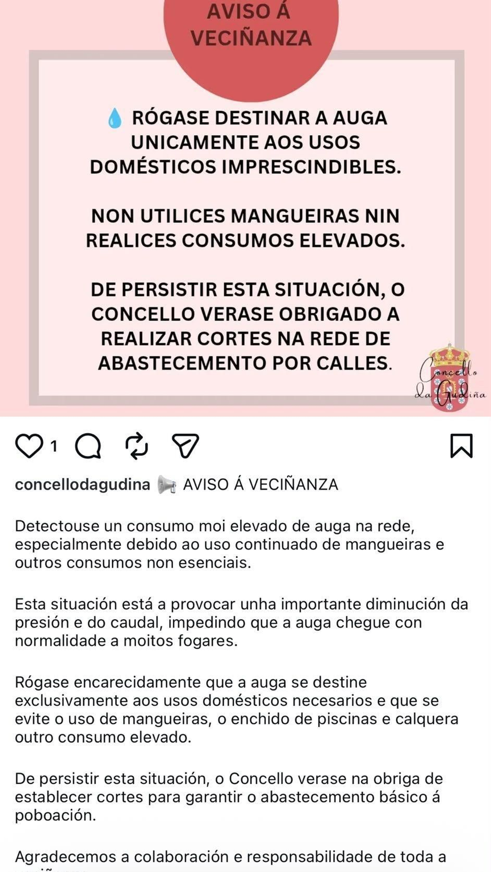 El comunicado compartido por el Concello de A Gudiña por Instagram