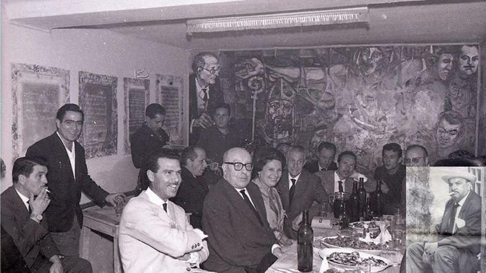 Don Ramón Otero Pedrayo, Don Xesús Ferro Couselo, o doutor Conde Corbal, Prego e outros intelectuais e artistiñas lembran a Vicente Rico no “Volter”. Na esquina inferior dereita,  a foto do “Tucho”, recuperada por JM López.