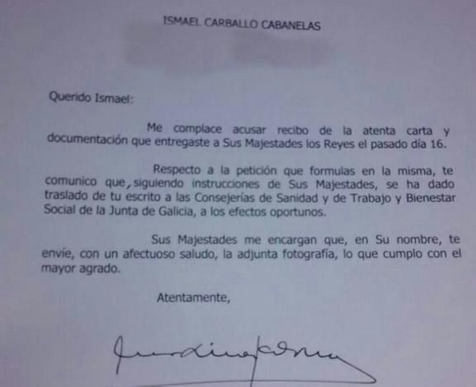 Extracto de la carta recibida por la familia de Ismael.