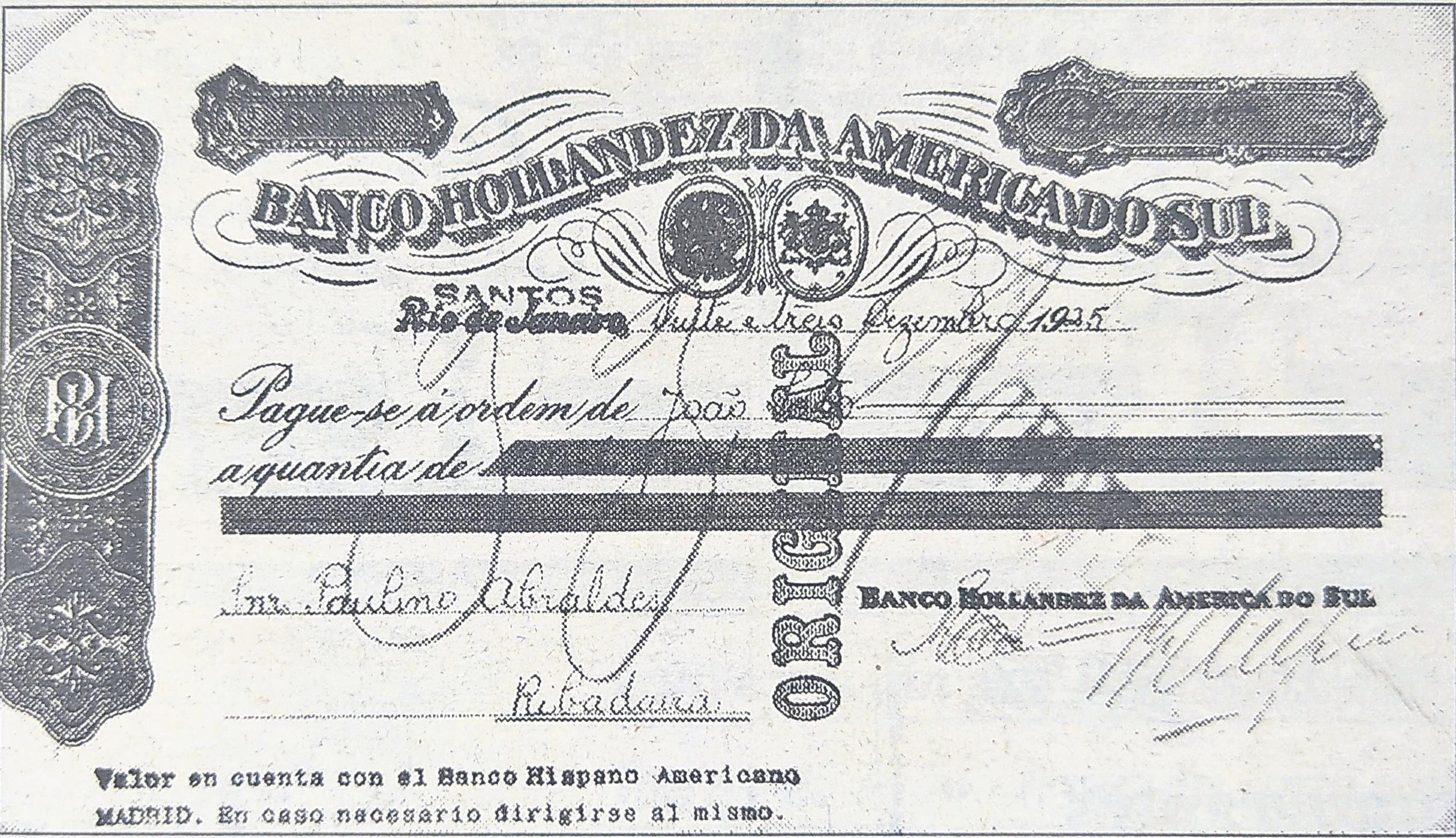 Cheque expedido por don Paulino Abraldes.