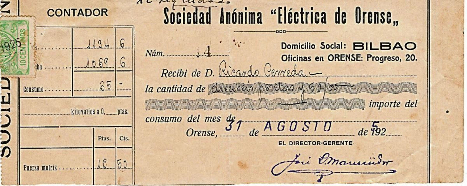La Eléctrica la funda en Ourense en 1905, el señor Conde Balbís. En 1919 la vende al Banco de Vizcaya y en 1930 pasa a ser propiedad de “Sociedad General Gallega de Electricidad”.