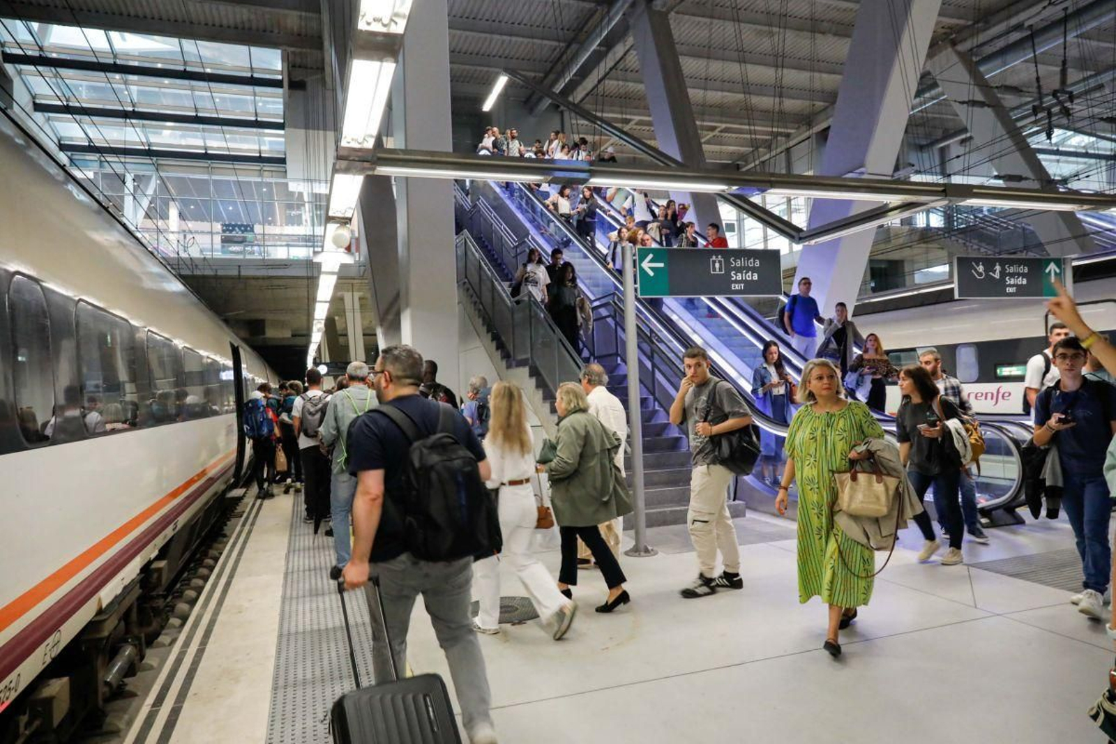 Gran cantidad de viajeros buscan su vagón en el tren del Eje Atlántico en la estación de Urzaiz
