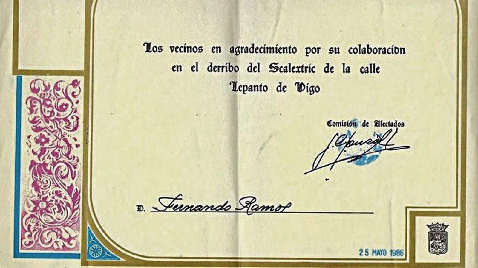 Diploma en agradecimiento de los vecinos por el derribo del Scalextric.