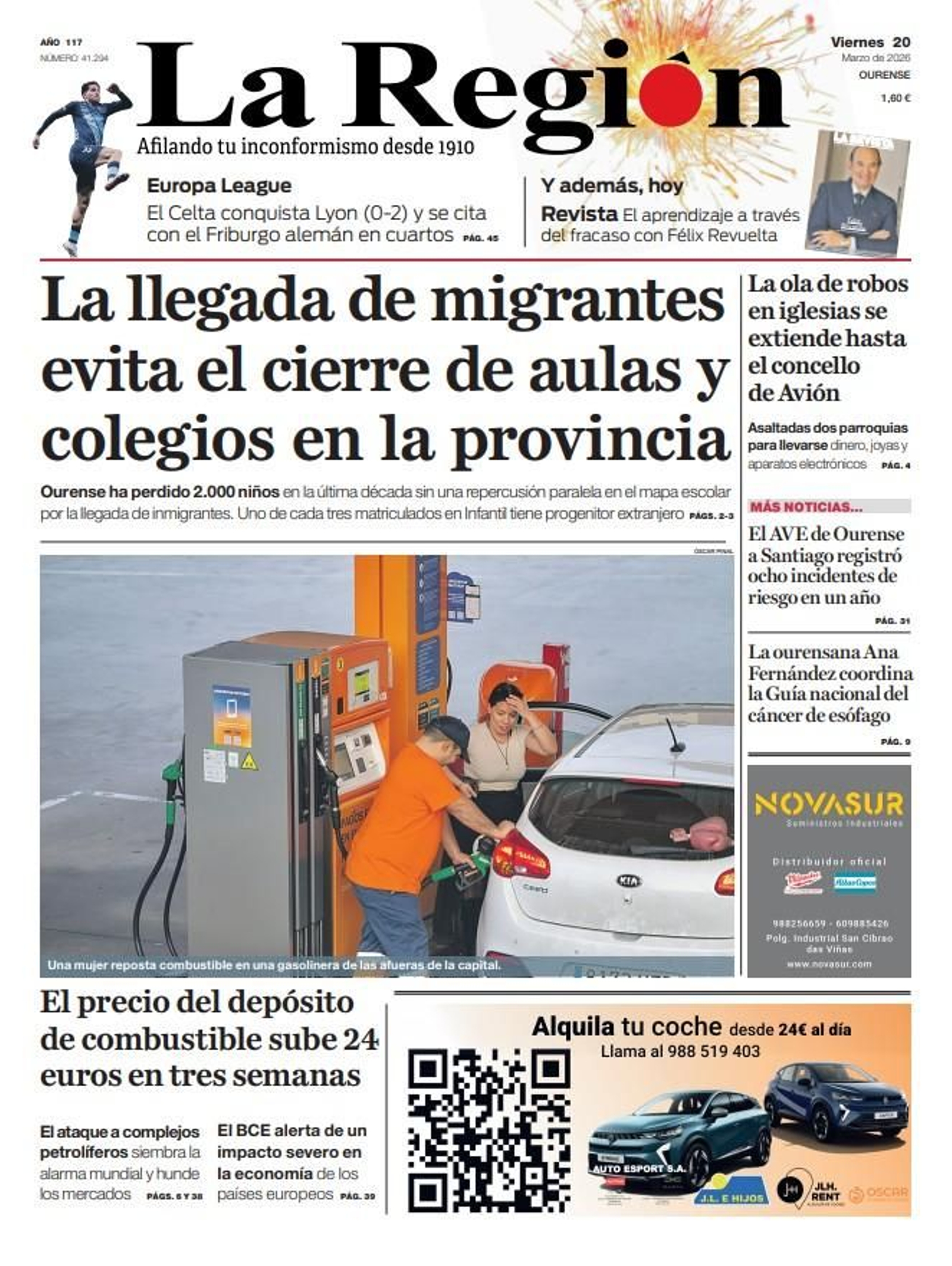 La portada de La Región de este viernes, 20 de marzo.