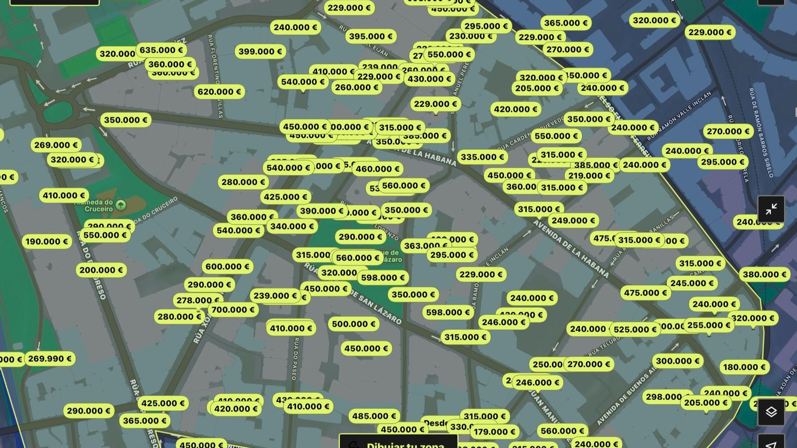 Mapa de viviendas en venta en el centro de Ourense