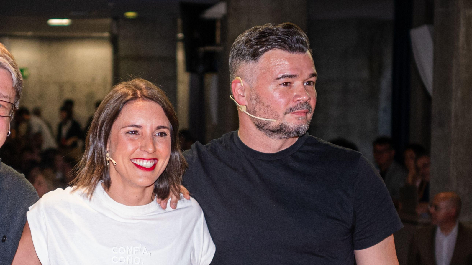 El portavoz de ERC en el Congreso de los Diputados, Gabriel Rufián y la secretaria política de Podemos y eurodiputada, Irene Montero.